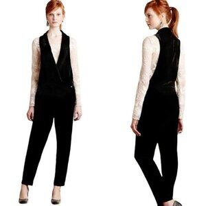 Anthropologie Harlyn Size L Black Velvet one piece Tuxedo Jumpsuit NWOT